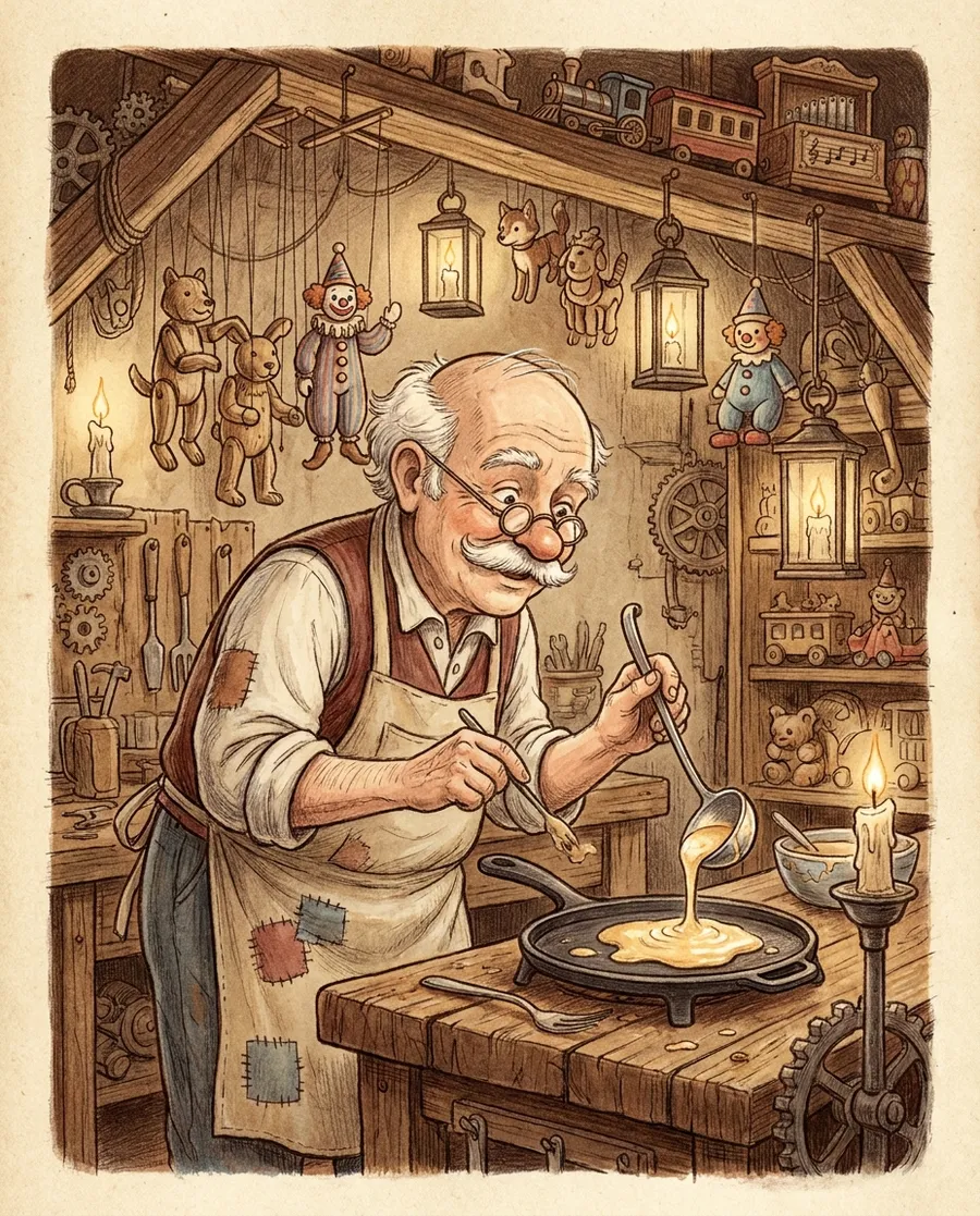Storybook illustration of a craftsman pouring crepe batter in a toymaker's workshop
