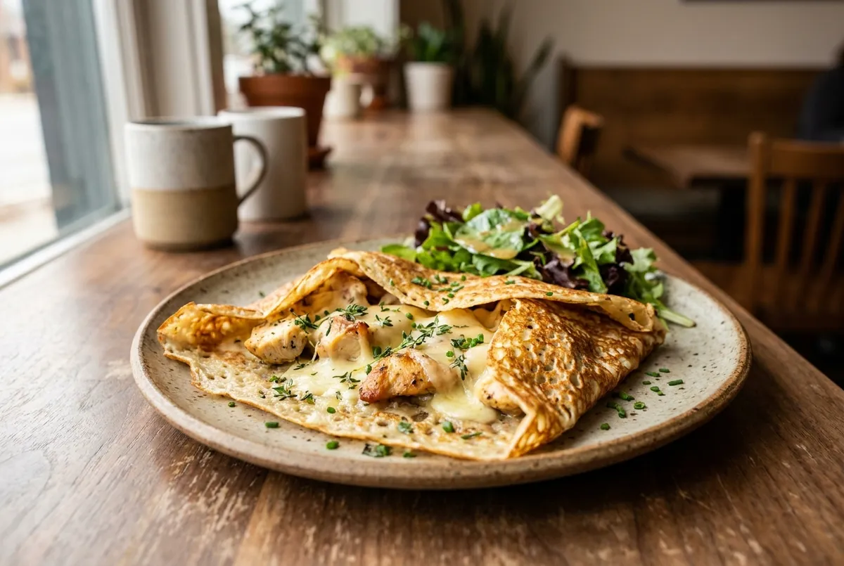 Savory chicken and gruyere crepe with herbs