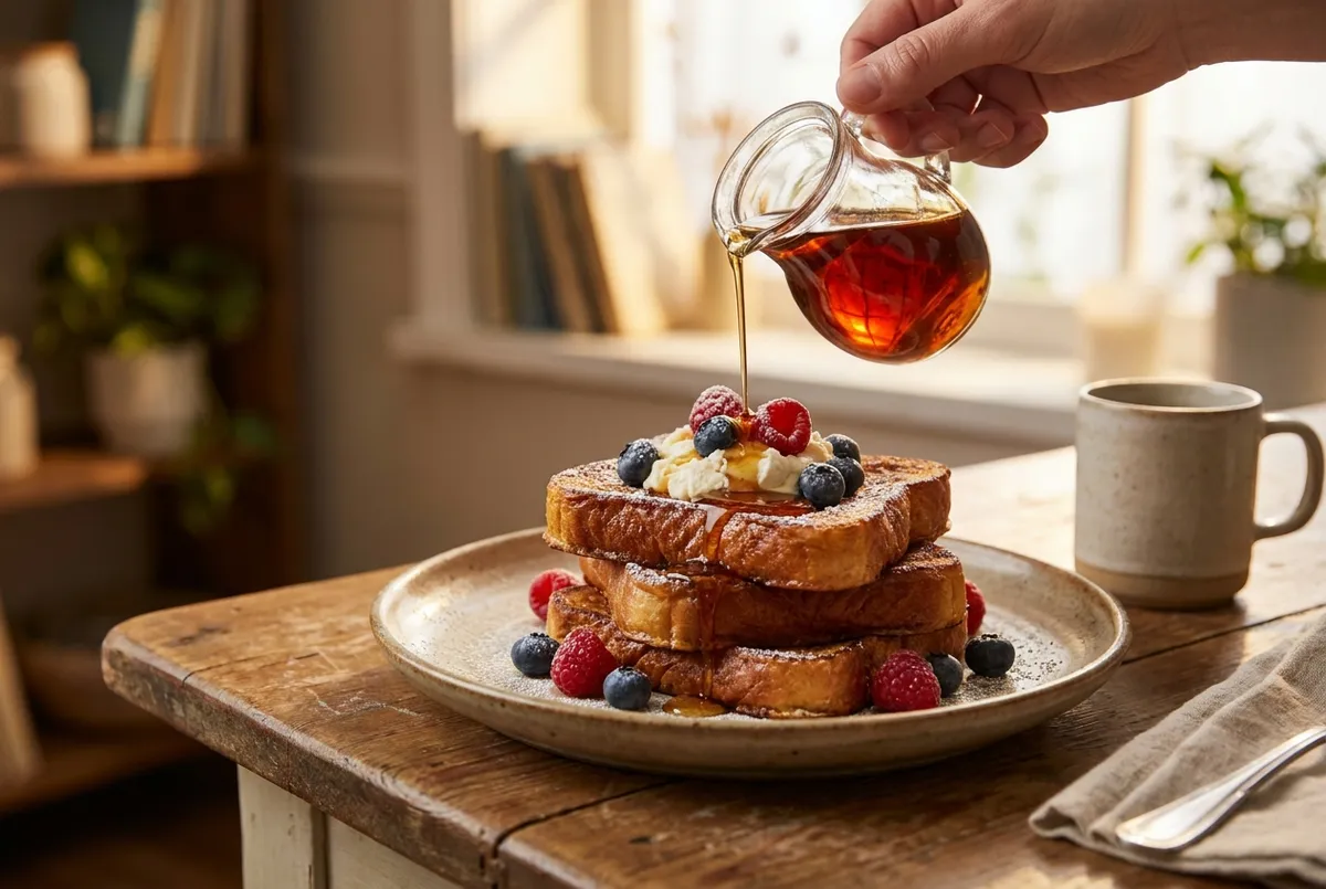 Thick brioche French toast with berries, mascarpone and maple syrup
