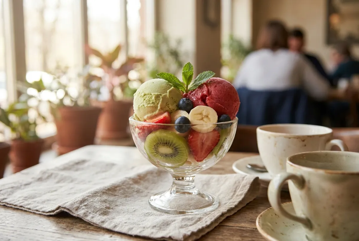 Gelato salad — artisan gelato scoops over fresh cut fruit
