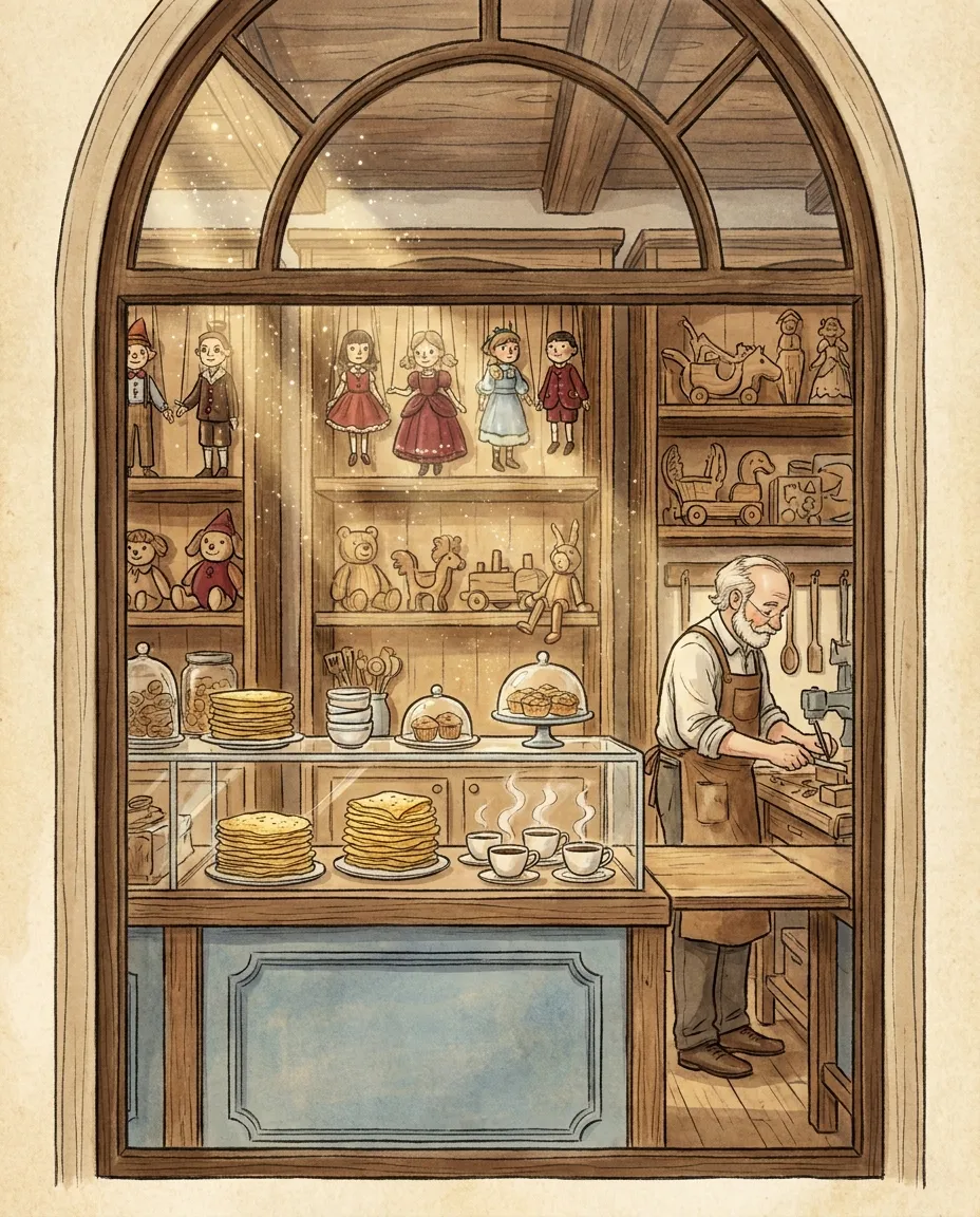 Storybook illustration of Geppetto Café — a warm toymaker's workshop café with marionettes, crepes and morning light