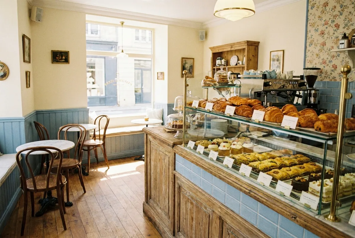 Inside Geppetto Café Bloomfield — bright pastry café with display case
