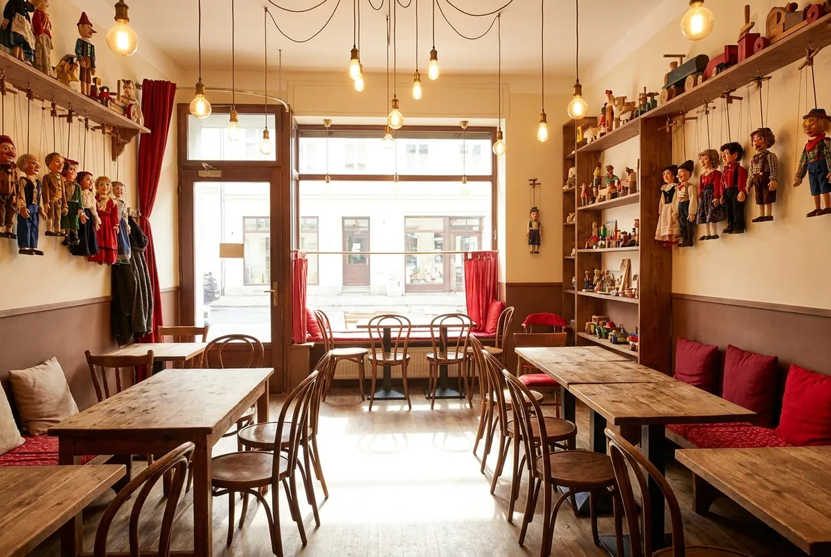 Inside Geppetto Café Lawrenceville — warm wooden café with marionette decor