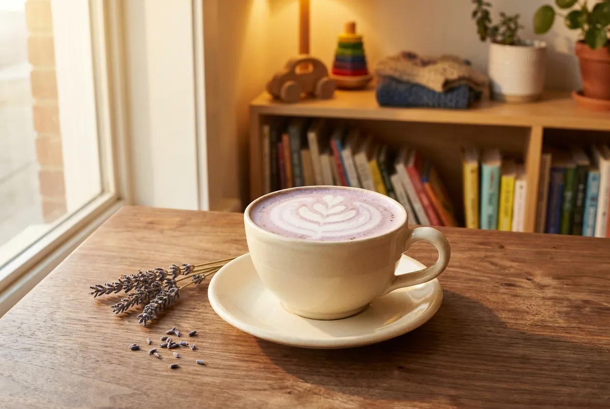 Lavender latte with latte art in a cream ceramic cup