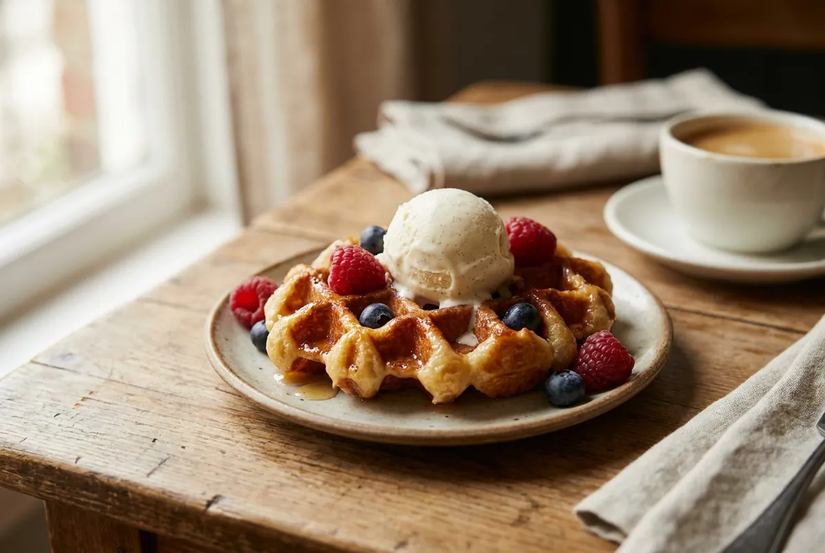 Liege waffle with caramelized pearl sugar, gelato and berries